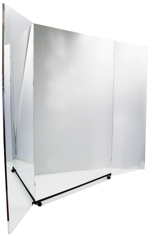 Three-piece mirror panel with rolling stand