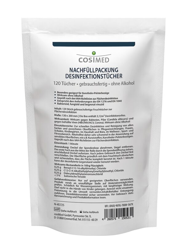 cosiMed® Disinfectant Wipes Refill Pack for Dispenser Canister, 120 Pieces