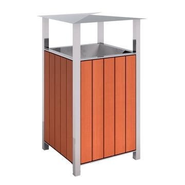 Waste container square 60 l, with lid, stainless steel & wood