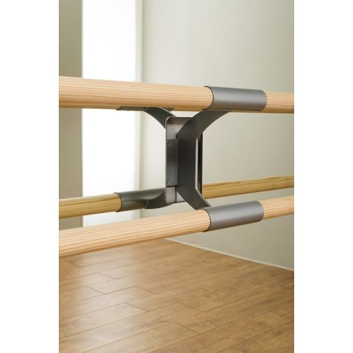 Wall mirror with cutout for ballet bar holder.