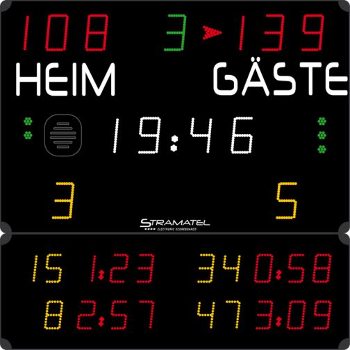Stramatel® Multi-Sport Compact Indoor Scoreboard, two modules.