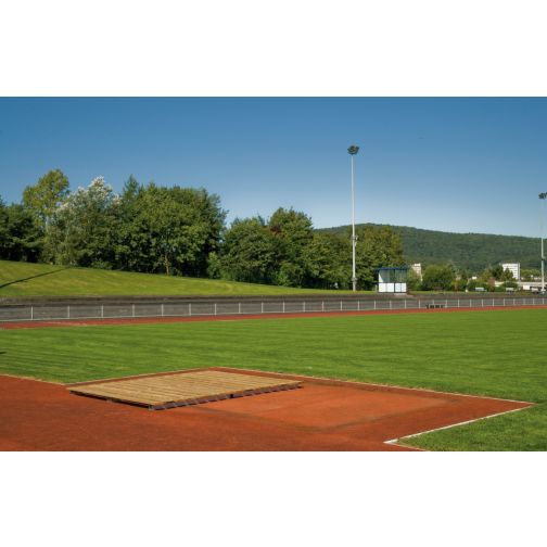 Bed frame for high jump cushions, made of wood & aluminum